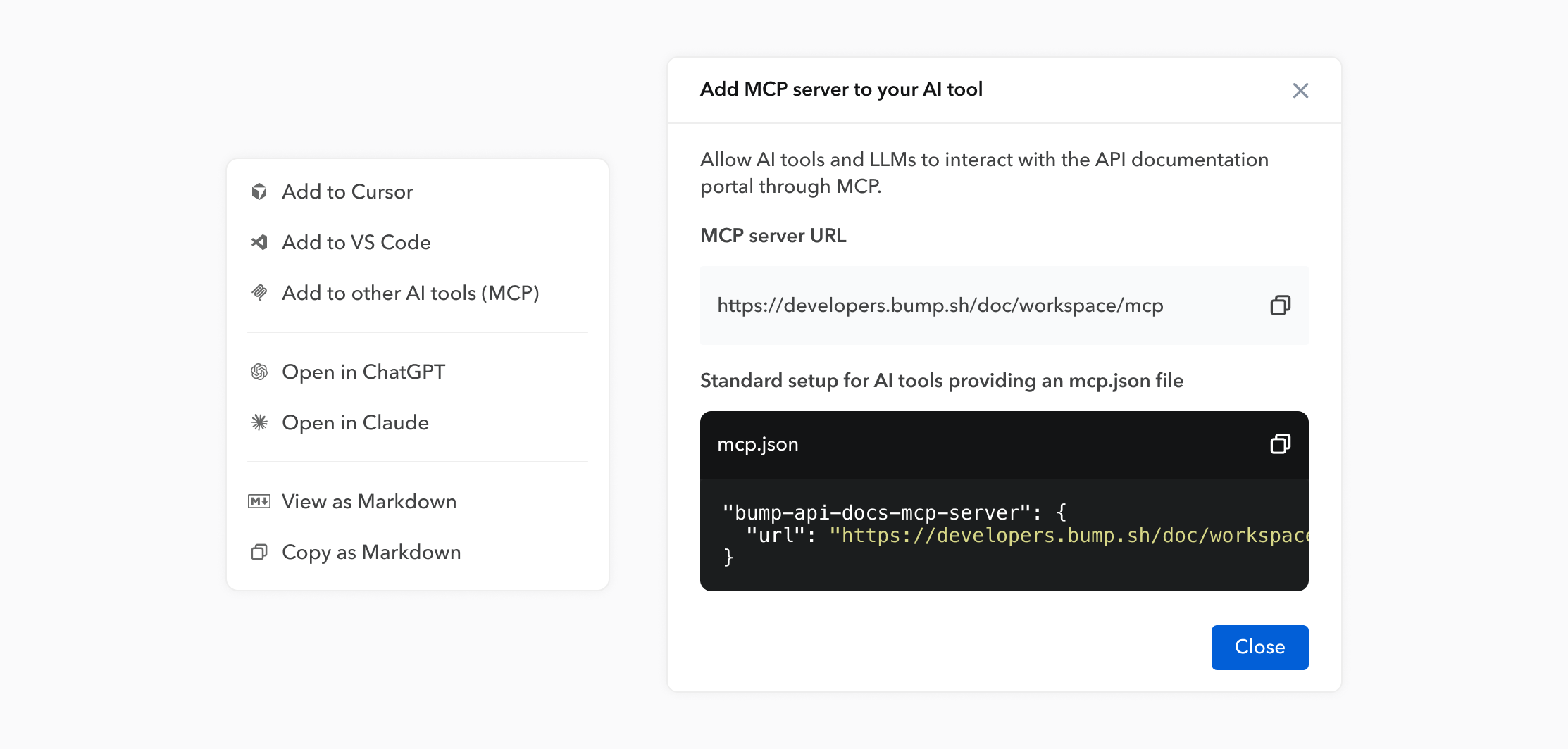Ask AI dropdown in Bump.sh API docs